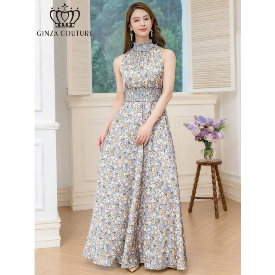 GINZA COUTURE] プリント 首元フリル ノースリーブ Aライン ロング 