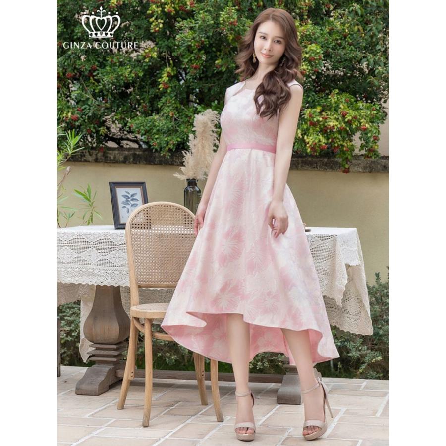 フラワープリント×レースノースリーブワンピース　ピンク GINZA COUTURE] 3color ジャガード アシメントリー ノースリーブ