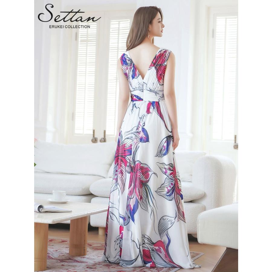 [SETTAN] 2color シフォン 花柄 フラワープリント Aライン Vネック ノースリーブ ロングドレス ワンピース ホワイト ネイビー パーティ 結婚式 披露宴 女子会 お |  | 02