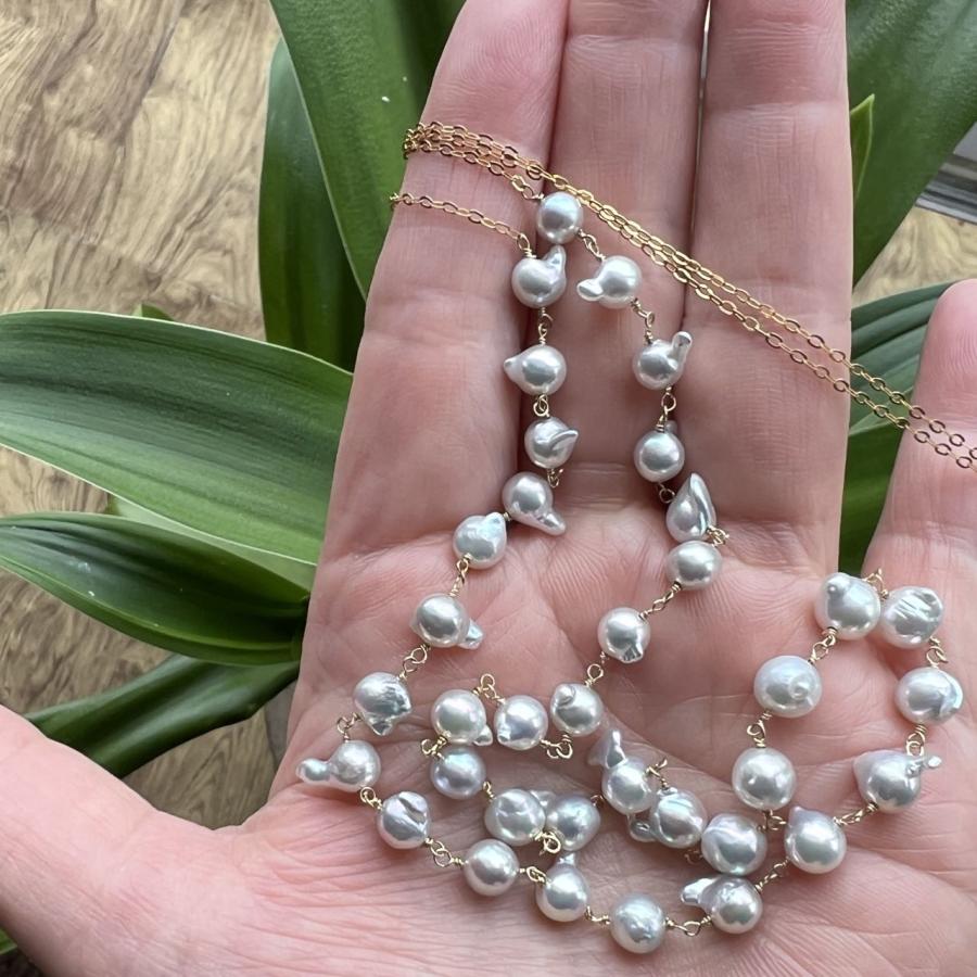 ナチュラルブルーの天使の羽】ロングネックレスK14GF【あこや真珠】P  