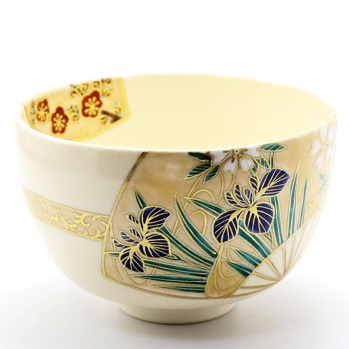 抹茶茶碗 扇面草花 通年物 春夏秋冬 中村能久作 仁清茶碗 茶道具 茶器