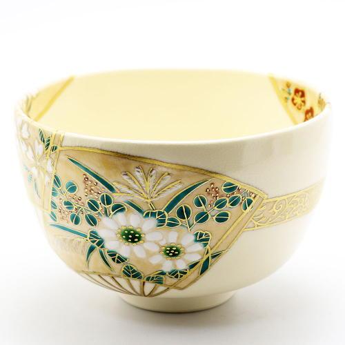 抹茶茶碗 扇面草花 通年物 春夏秋冬 中村能久作 仁清茶碗 茶道具 茶器