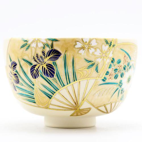 抹茶茶碗 扇面草花 通年物 春夏秋冬 中村能久作 仁清茶碗 茶道具 茶器