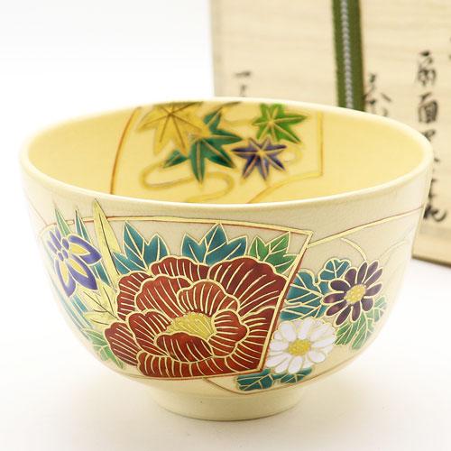 抹茶茶碗 地紙四季草花 通年物 春夏秋冬 鈴木一点作 茶道具 茶器 茶筅
