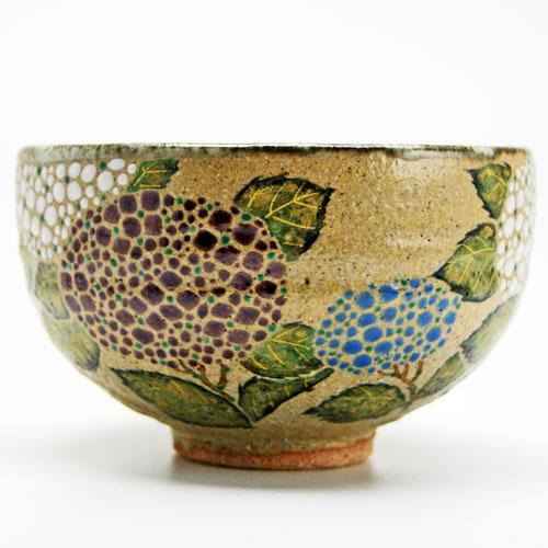 抹茶茶碗 紫陽花絵 灰釉茶碗 中村良二作 夏物 茶道具 陶磁器 茶器