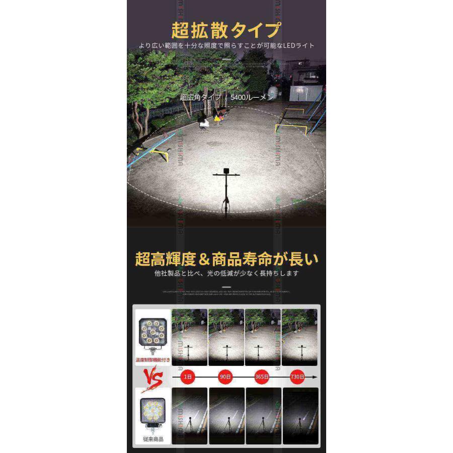 led作業灯12vノイズレス 【2台・温度制御機能付き／最大14ヵ月保証】 広角 54W 12/24v対応 キャンプ アウトドア msm8654 防災 農業 漁業 建設 警備 工事 軽ト_4