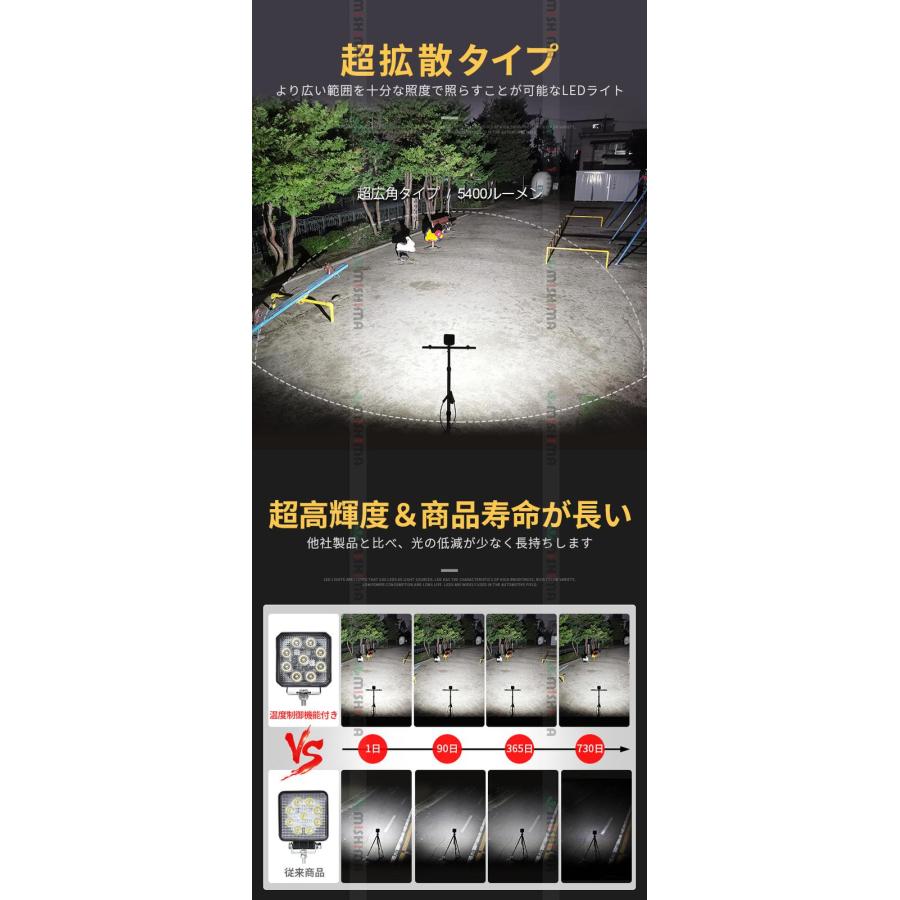 led作業灯12vノイズレス 【6台・温度制御機能付き／最大14ヵ月保証】 広角 54W 12/24v対応 キャンプ アウトドア msm8654 防災 農業 漁業 建設 警備 工事 軽ト_3