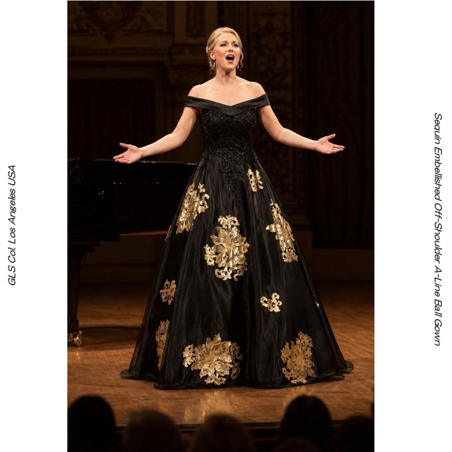 GLS by Gloria UW202542 BLACK/GOLD オフショルダー Aライン ロングドレス｜スパンコール刺繍 ボールガウン 演奏会・ステージドレス（Lサイズ）