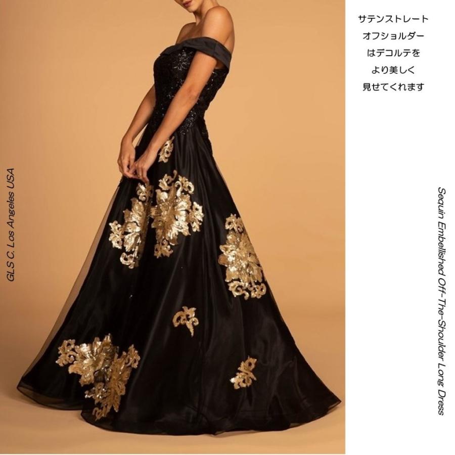 GLS by Gloria UW202542 BLACK/GOLD オフショルダー Aライン ロングドレス｜スパンコール刺繍 ボールガウン 演奏会・ステージドレス（Lサイズ）の画像