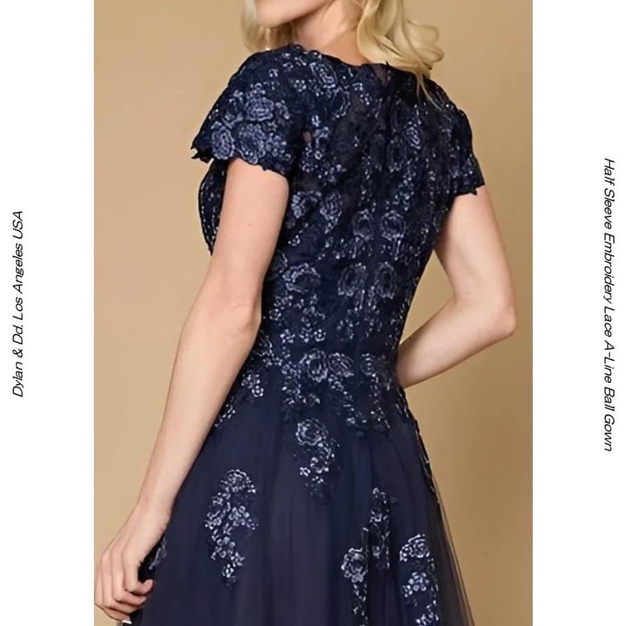 Dylan & Davids UW351346 ネイビー 刺繍レース 半袖 Aラインドレス（演奏会・マザーズ・プラスサイズ）ウエスト1メートル以上の画像