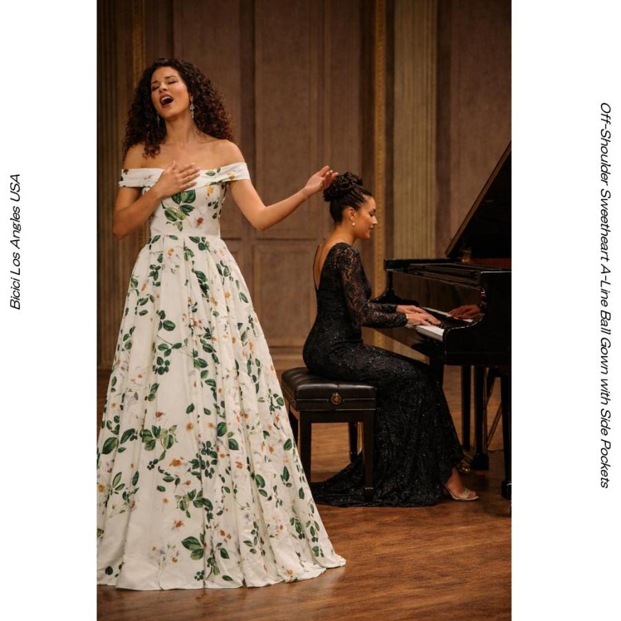 BICICI グリーンホワイトフローラル オフショルダーAラインボールガウン プリントサテンドレス 演奏会ドレス UW01AN2441の画像