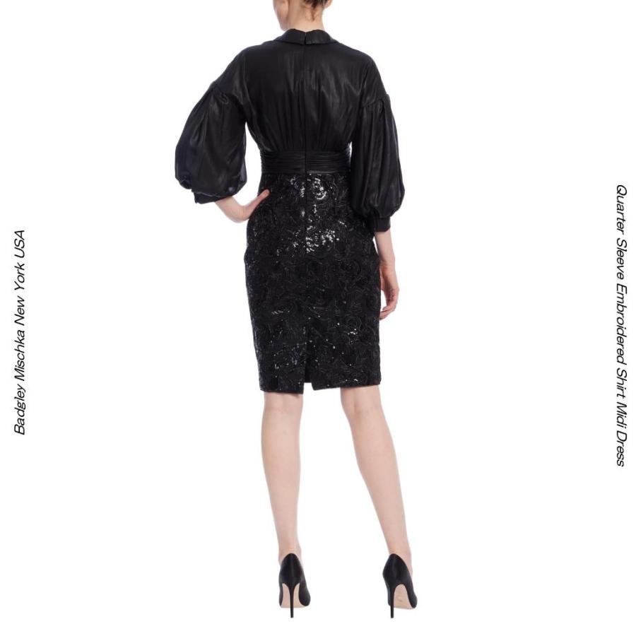 Badgley Mischka ブラック メタリックレース刺繍ブラウスドッキング ミディドレス｜袖付き エレガントカクテルドレス 演奏会・パーティー用 膝丈ドレス UE36BSD5の画像