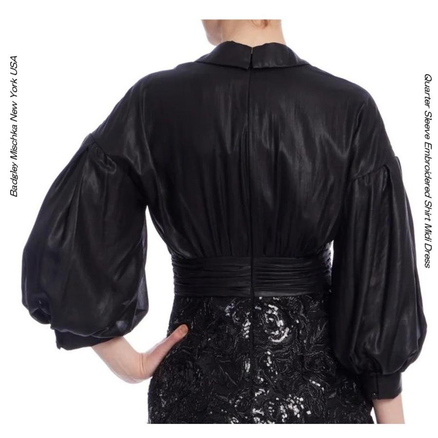 Badgley Mischka ブラック メタリックレース刺繍ブラウスドッキング ミディドレス｜袖付き エレガントカクテルドレス 演奏会・パーティー用 膝丈ドレス UE36BSD5の画像