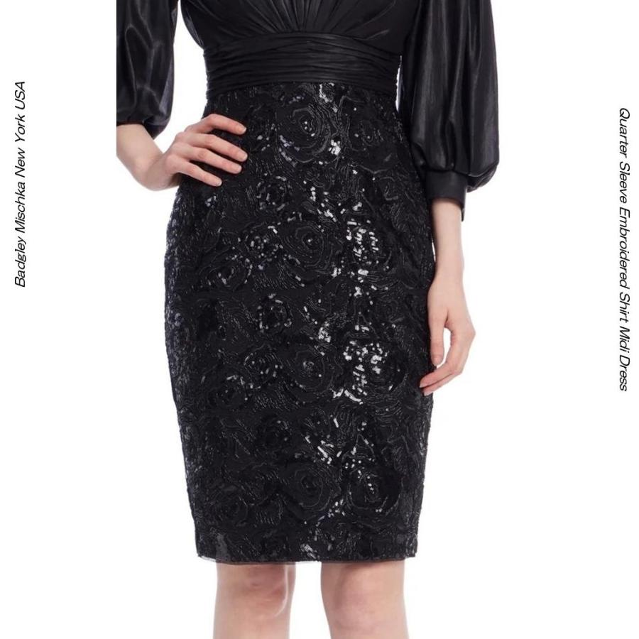 Badgley Mischka ブラック メタリックレース刺繍ブラウスドッキング ミディドレス｜袖付き エレガントカクテルドレス 演奏会・パーティー用 膝丈ドレス UE36BSD5の画像