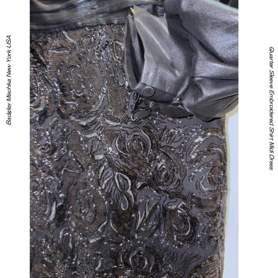 Badgley Mischka ブラック メタリックレース刺繍ブラウスドッキング ミディドレス｜袖付き エレガントカクテルドレス 演奏会・パーティー用 膝丈ドレス UE36BSD5の画像