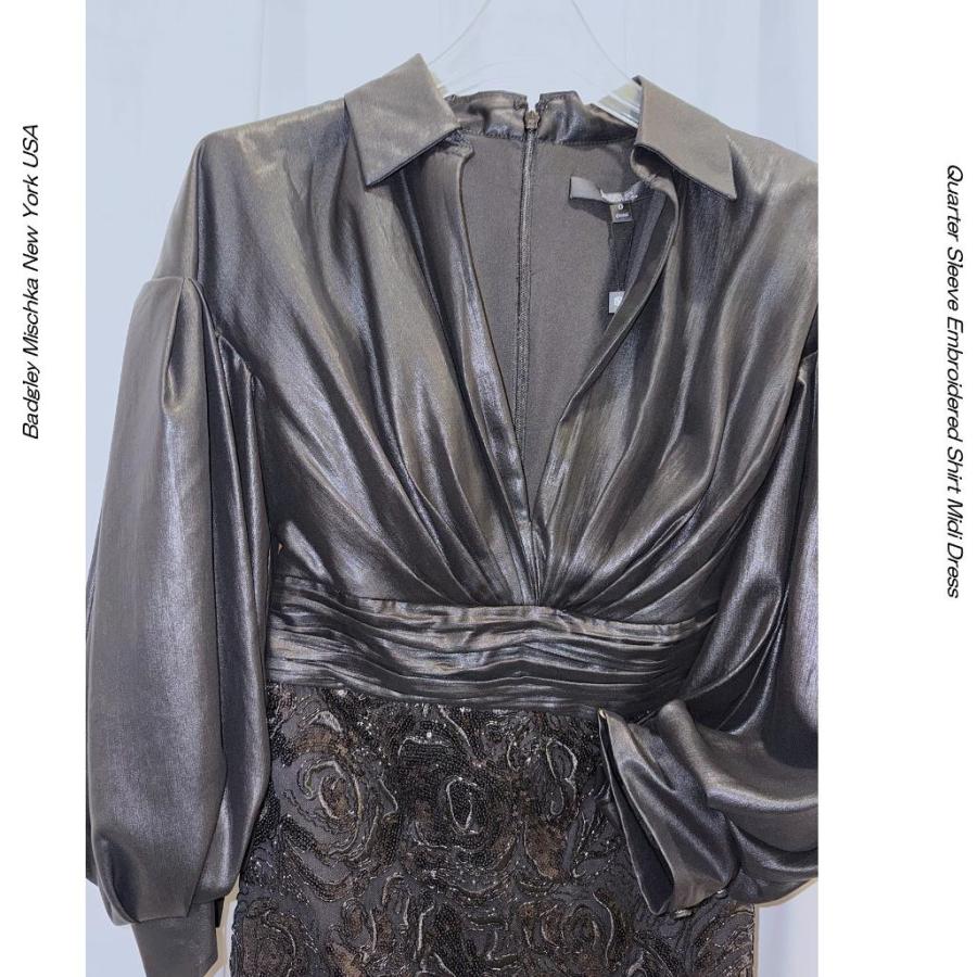 Badgley Mischka ブラック メタリックレース刺繍ブラウスドッキング ミディドレス｜袖付き エレガントカクテルドレス 演奏会・パーティー用 膝丈ドレス UE36BSD5の画像
