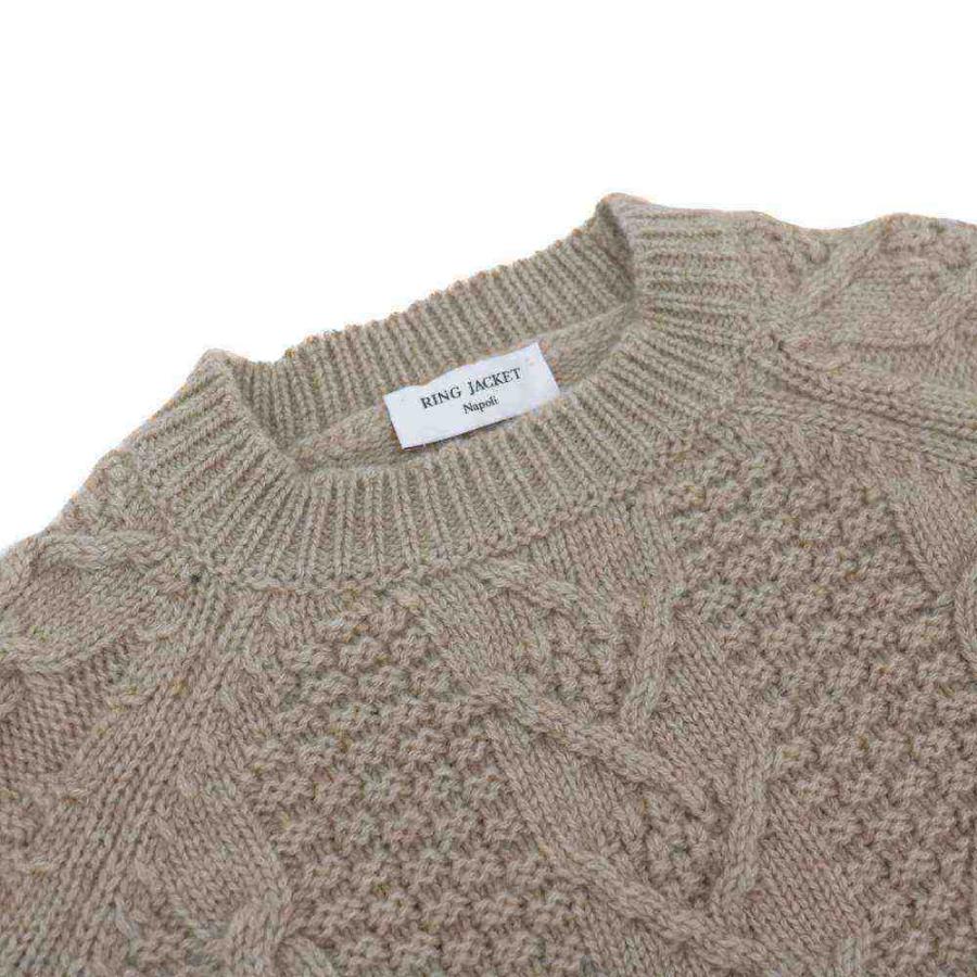 RING JACKET Napoli リングヂャケットナポリ カシミヤ 4PLY アランクルーネックニット【ベージュ・ホワイト】の画像