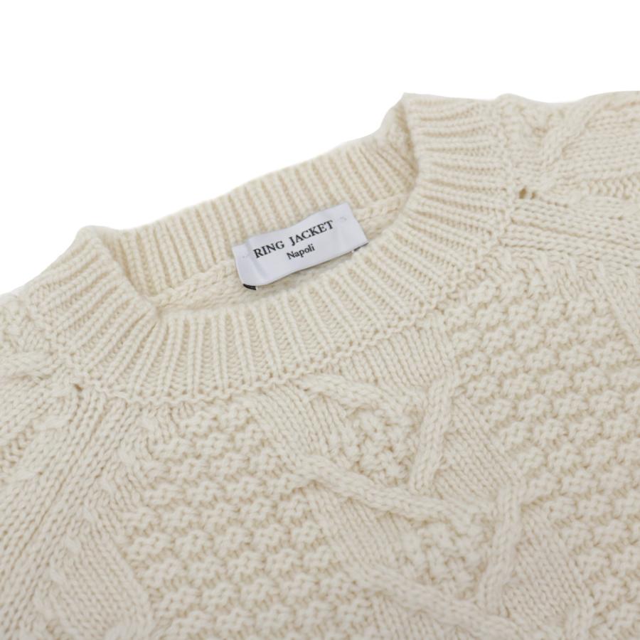 RING JACKET Napoli リングヂャケットナポリ カシミヤ 4PLY アランクルーネックニット【ベージュ・ホワイト】の画像