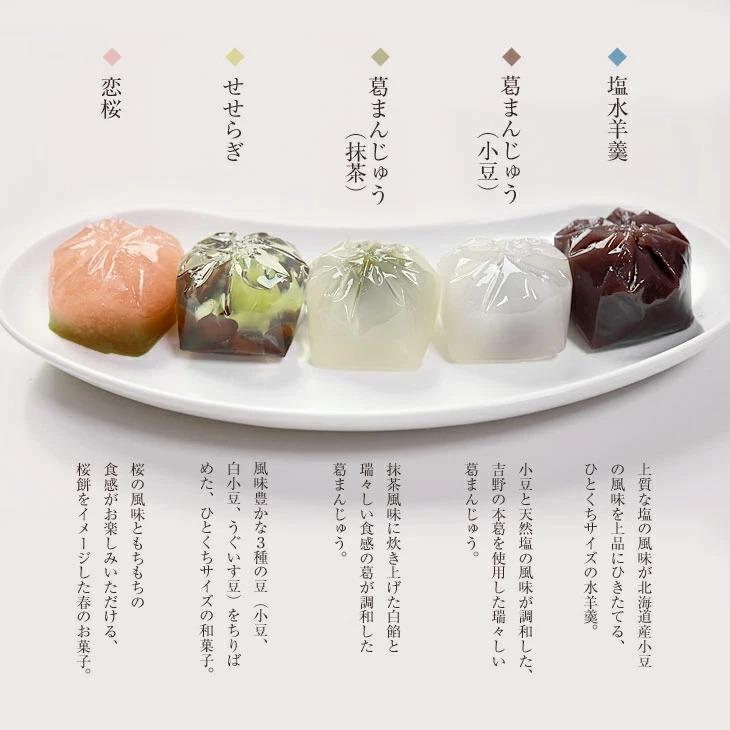 京都 鶴屋光信 母の日 和菓子 ギフト お試し　春夏5種詰合せ 10個入 木箱【恋桜・せせらぎ・葛まんじゅう（抹茶)、（小豆）・塩水ようかん】各2個｜itempost｜04