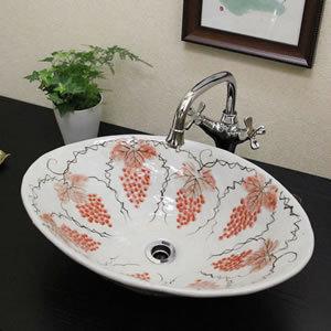 紅ぶどう絵小判型手洗い鉢【大型サイズ】信楽焼き手洗器！陶器の手水鉢［tr-4105］