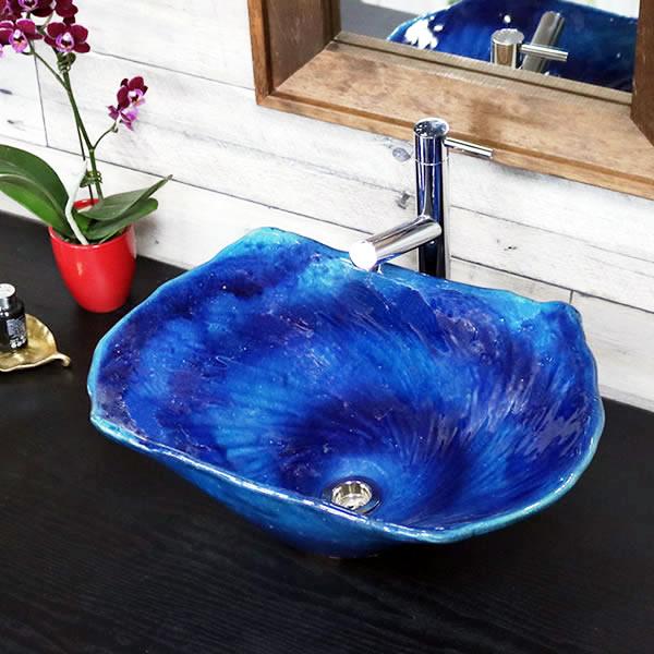 藍の色　長角型　手洗い鉢　長方形　角型［tr-4125］　信楽焼き手洗器！陶器の手水鉢