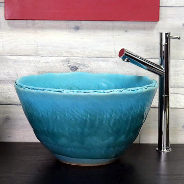 ターコイズブルー　深型　手洗い鉢　陶器　陶器の手水鉢　青色　丸型　信楽焼き手洗器　［tr-2277］