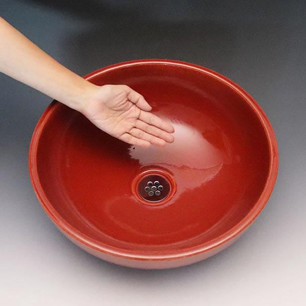 赤鉄色　手洗い鉢【中型サイズ】　信楽焼き手洗器　陶器の手水鉢　赤色　［tr-3261］ 【もっきん】
