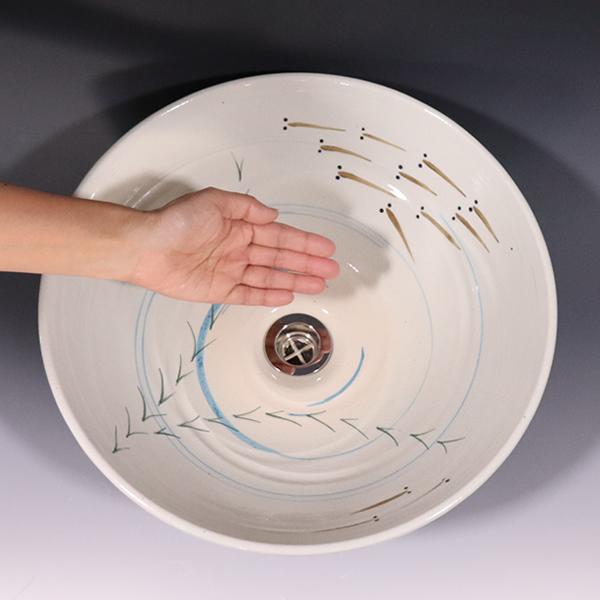 ソリ型　メダカ絵　手洗い鉢【中型サイズ】　信楽焼き手洗器　陶器の手水鉢　洗面ボウル 手水鉢 ［tr-3268］_3