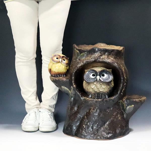 信楽焼きふくろう花台　フラワースタンド　陶器フクロウ置物　植木台　［fu-0160］_3