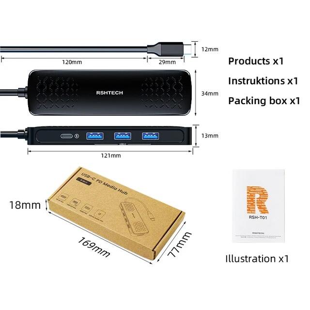 Rshtech-USB cマルチポートアダプター,t01,t01,type-cドングル,4k,hdmi,100w,pd 3,usb 3.0ポート,3.｜itemselect｜22