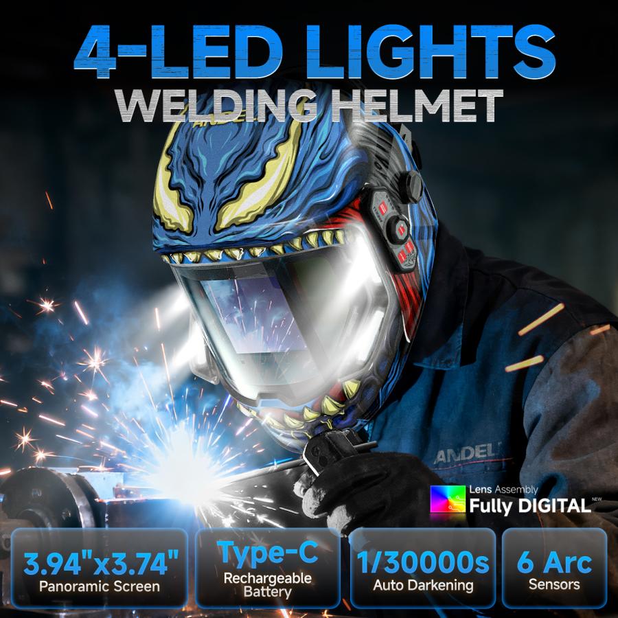 ANDELI 溶接面 LED付 自動遮光溶接面 - 遮光度5-8/9-13 溶接マスク 広視野 TIG 半自動 アーク溶接に対応 電池交換可能 Type C (ディープブルーLED) |  | 01