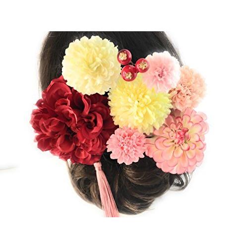 少し豊富な贈り物 レトロで大人可愛い赤ピンクダリアの花かんざし9点セット 着物浴衣髪飾り ヘア飾り 結婚式成人式七五三 タッセル付 和装 かんざし 髪飾り