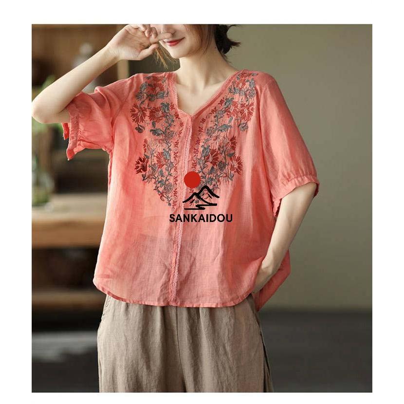 M-3XL チュニック レディース 森ガール 花刺繍 エスニック レトロ