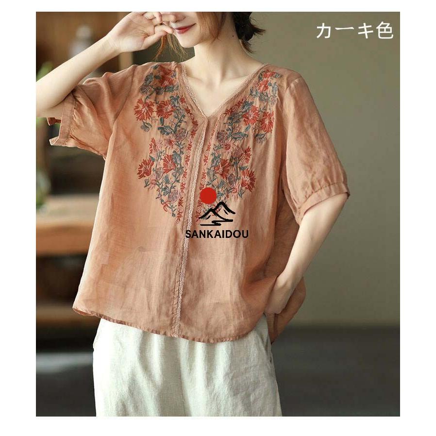 M-3XL チュニック レディース 森ガール 花刺繍 エスニック レトロ