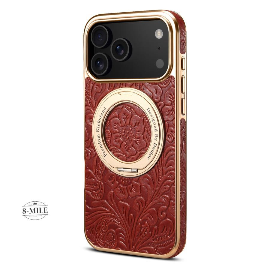 強化ガラスフィルム付き】iPhone17 Pro Max ケース 本革 レトロ花柄