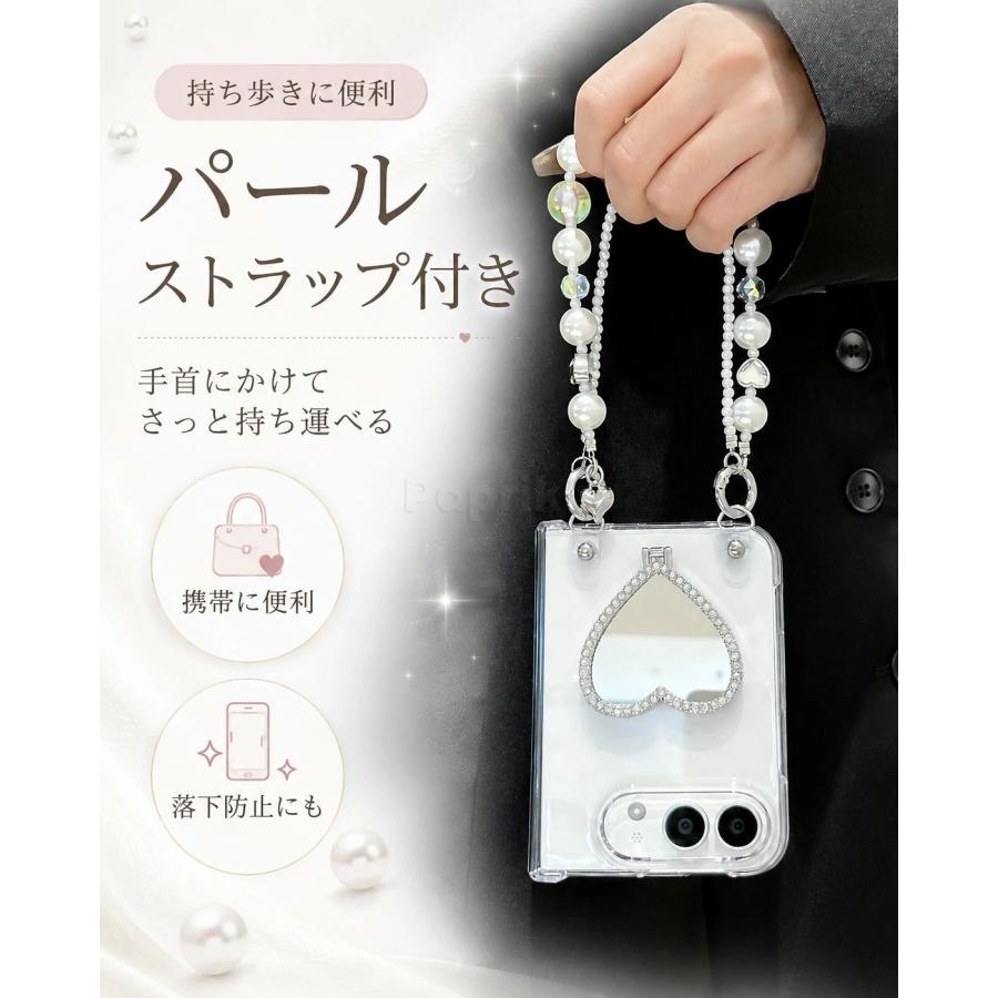iPhone Duo ケース 透明 クリア ミラー付き ハートスタンド パール