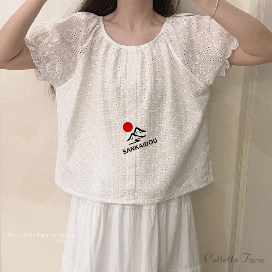 ブラウス 半袖 裏地付き レディース シャツ ヴィンテージ風 刺繍 広い