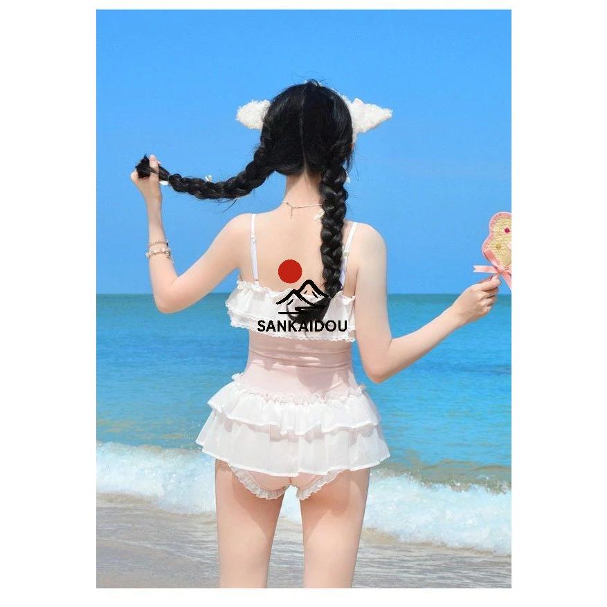 ワンピース水着 レディース ロリータ風 リボン かわいい フリル 透け感