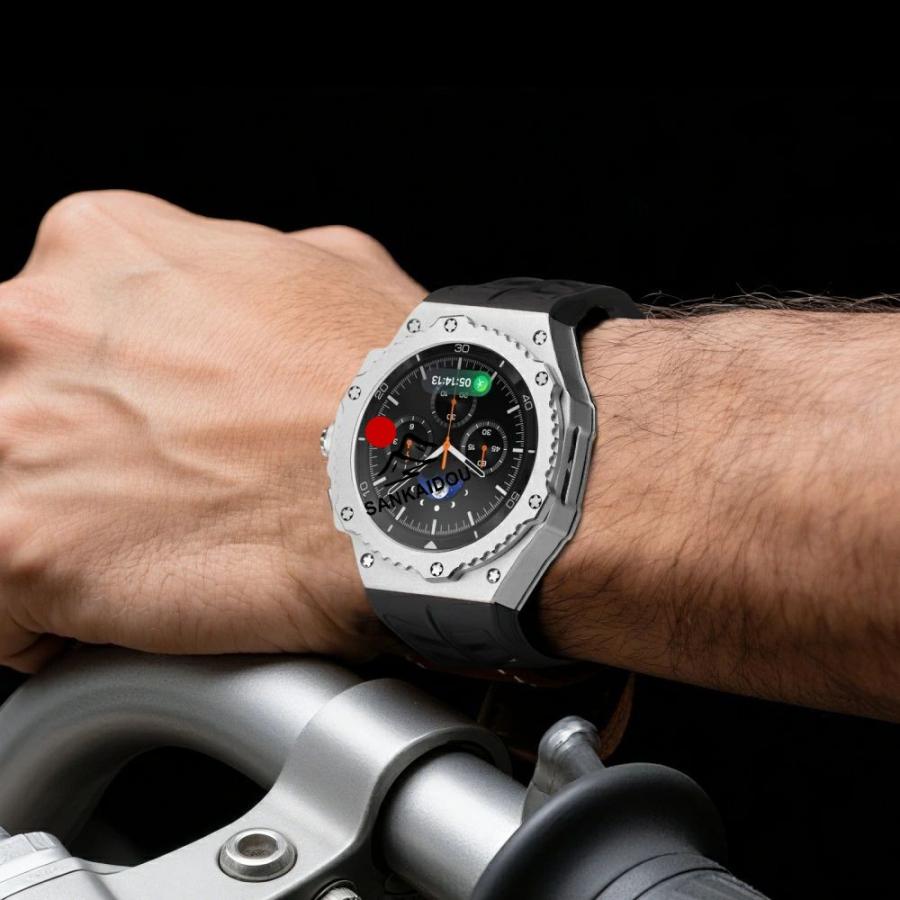 送料無料 galaxy watch 8 Classic 46mm バンド ステンレス 一体型 交換用 バンド シルバーカバーバンド プレゼント レザー メンズ galaxy watch 8 46mm バンド g_4