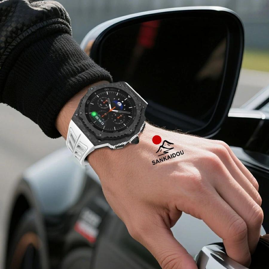 送料無料 galaxy watch 8 Classic 46mm バンド 炭素繊維 一体型 交換用 バンド 炭素繊維カバー バンド プレゼント レザー メンズgalaxy watch 8 Classic 一体型の画像