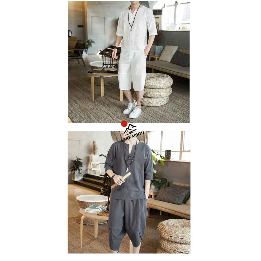M~3XL 綿麻上下セット セットアップ リネン 亜麻 メンズ 父の日 薄手