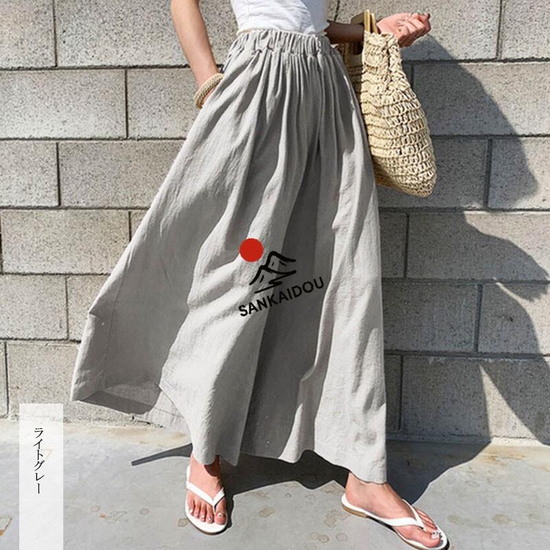 ワイドパンツ レディース スカンツ 夏 春 綿 麻 タックパンツ リネン混 