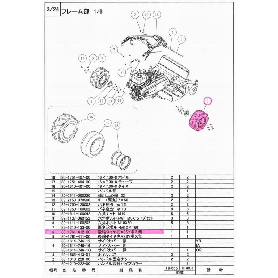 KIORITZ 共立（オーレック） HR662/HR665用 後輪タイヤ右ASSYボス無