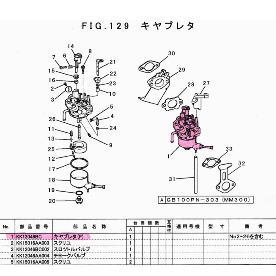 三菱 キャブレター MM308/MM300 用(三菱エンジンGB101PN-303 三菱 キャブレター MM308/MM300 用(三菱エンジンGB101PN-303