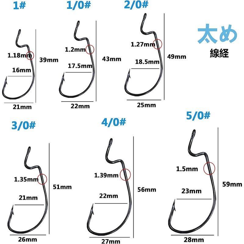 オフセットフック バス釣り ワームフック 釣り針 ロックフィッシュ用 ワイドゲイプ 高靭性 太軸 1# 1/0 2/0 3/0 4/0 5/｜itostore｜08