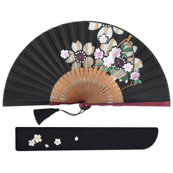 【化粧箱】透かし彫り 京扇子 和紙絹 マロン染 デコラ 桜セット 黒 (Es81) | 