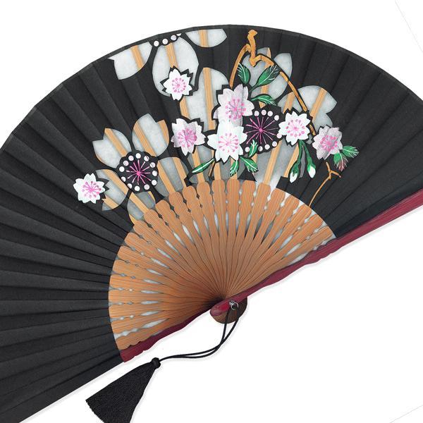 【化粧箱】透かし彫り 京扇子 和紙絹 マロン染 デコラ 桜セット 黒 (Es81) |  | 01