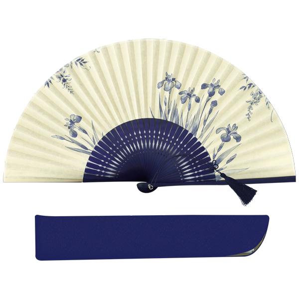 【化粧箱】女性用セット紙扇子 紺染骨 片張り あやめ G08 | 