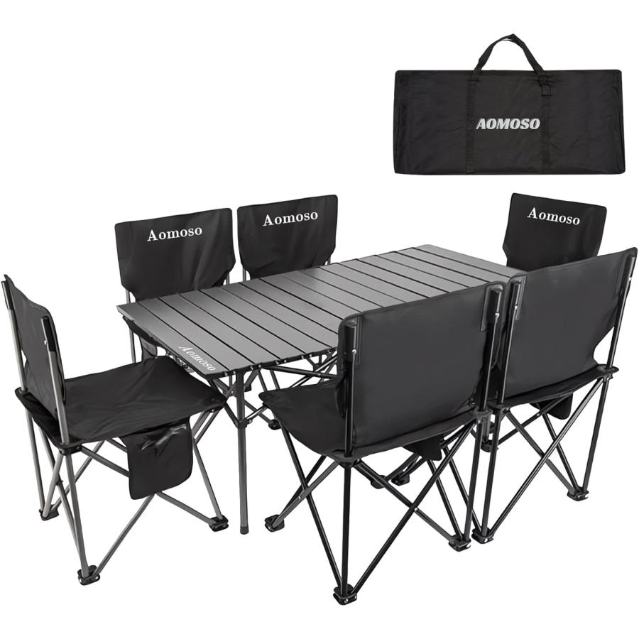 折りたたみ式　アルミ製テーブルチェア一体セット シルバー Aomoso アウトドア テーブルチェア 7点セット アルミテーブル椅子