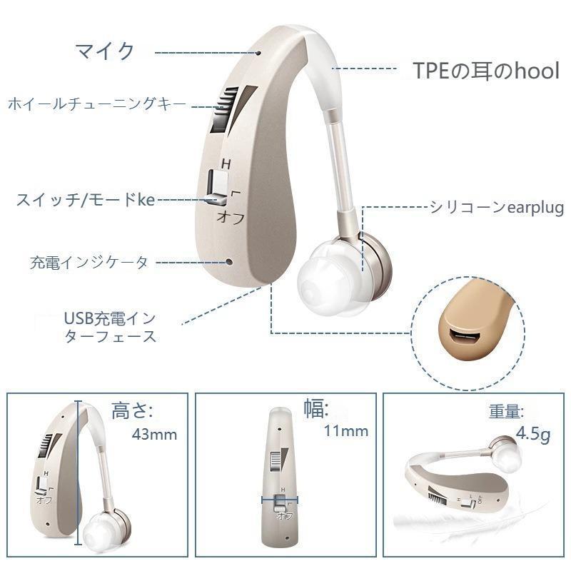 補聴器 集音器 充電式 耳掛け式 デジタル 軽量 左右両用耳掛け式 2種類